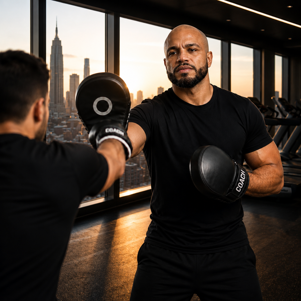 Sunrise boxing session in a luxury penthouse gym